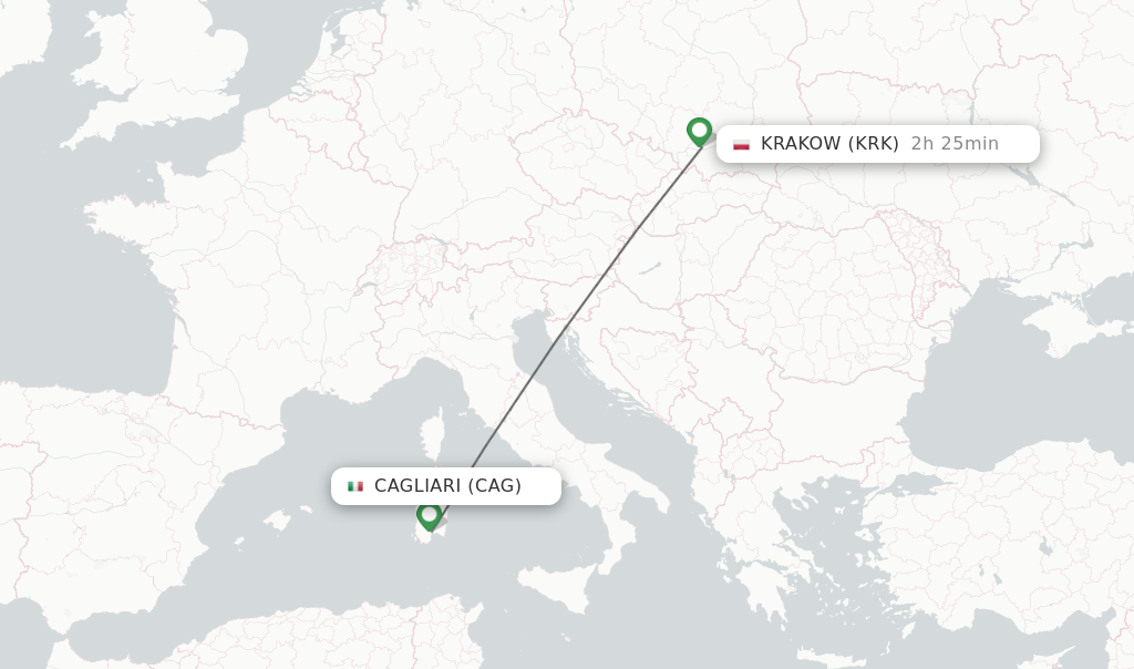 Flights from Cagliari to Krakow route map