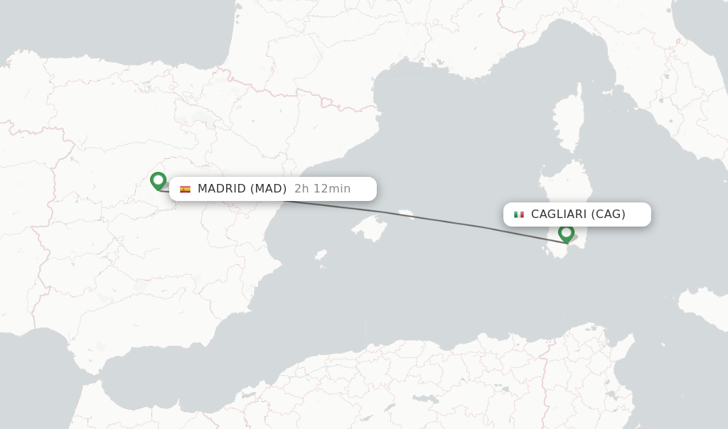 Flights from Cagliari to Madrid route map