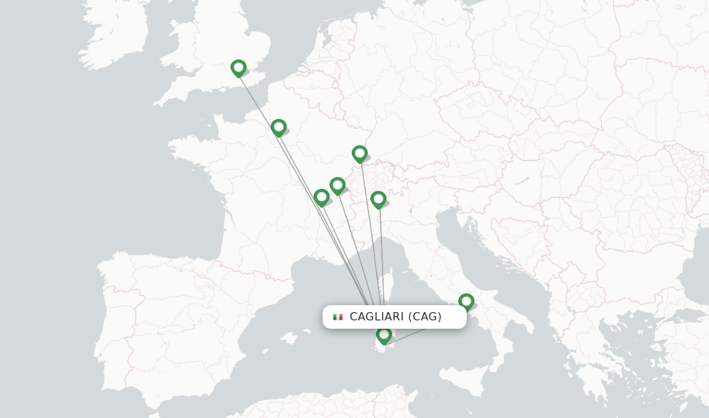 Route map with flights from Cagliari with easyJet