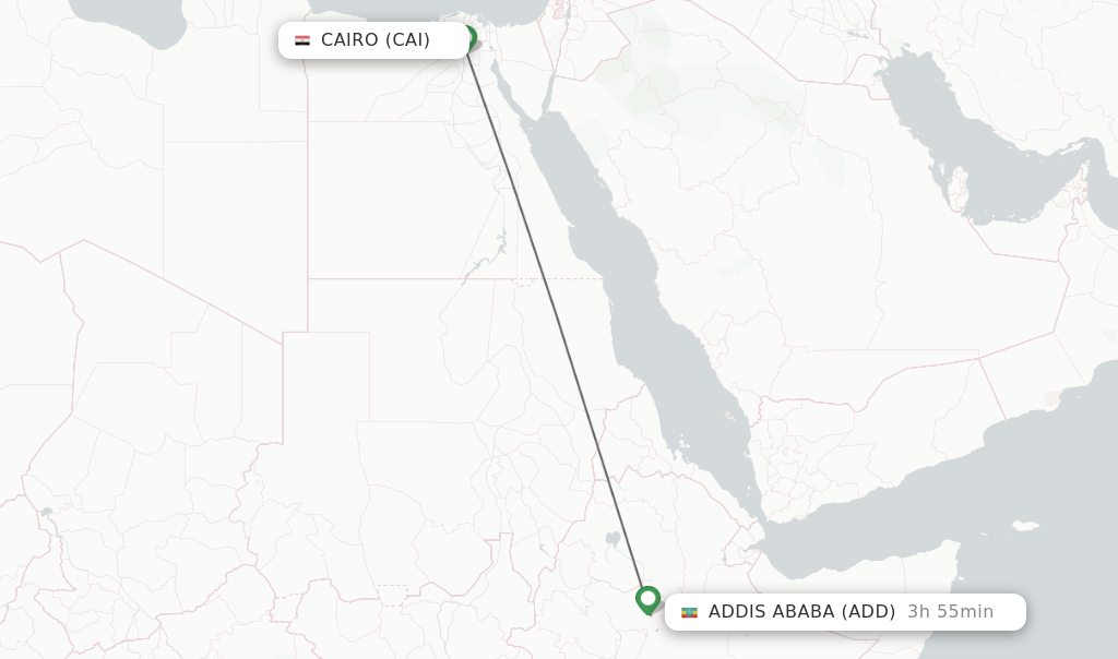 Flights from Cairo to Addis Ababa route map
