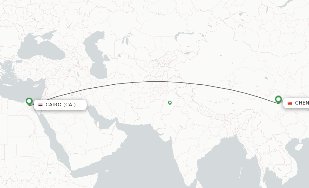 Flights from Cairo to Chengdu route map