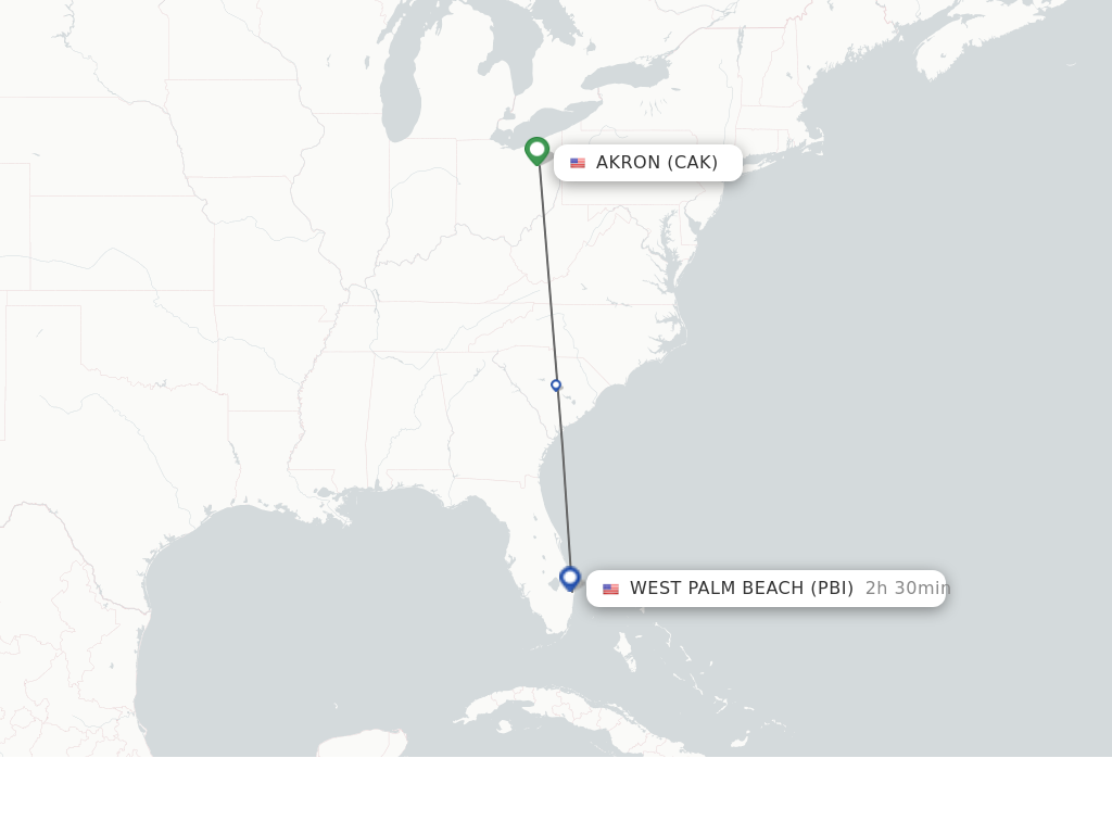 Flights from Akron to West Palm Beach route map