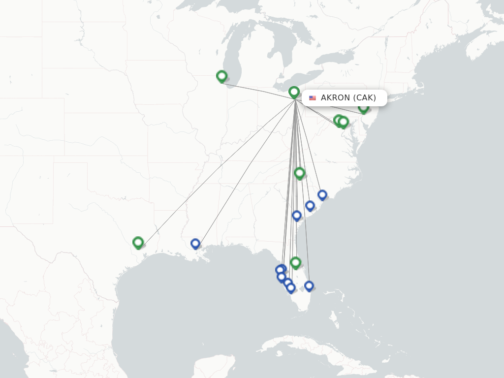 Flights from Akron to Norfolk route map