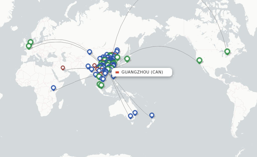 Route map with flights from Guangzhou with China Southern Airlines
