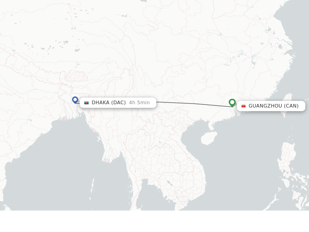 Flights from Guangzhou to Dhaka route map