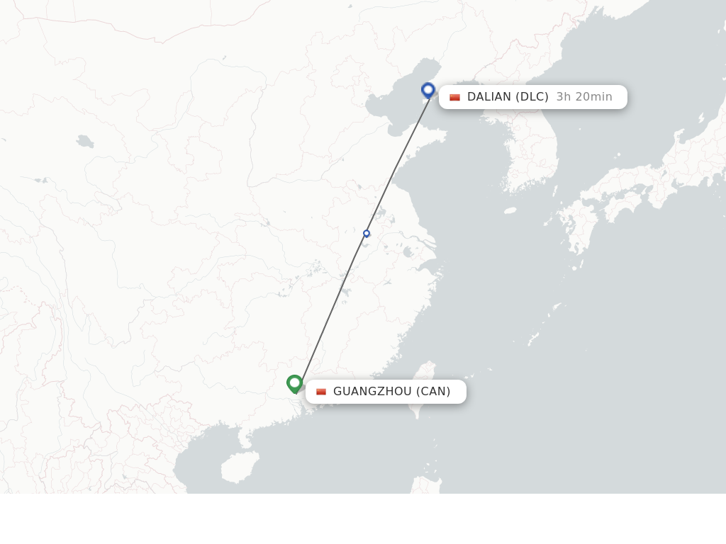 Flights from Guangzhou to Dalian route map