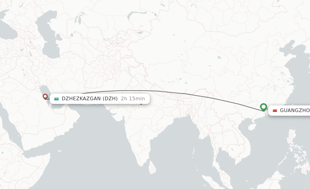 Flights from Guangzhou to Dzhezkazgan route map