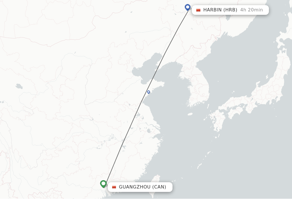 Flights from Guangzhou to Harbin route map