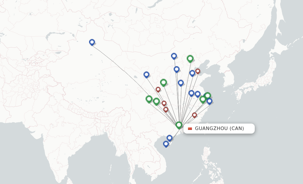 Route map with flights from Guangzhou with Hainan Airlines