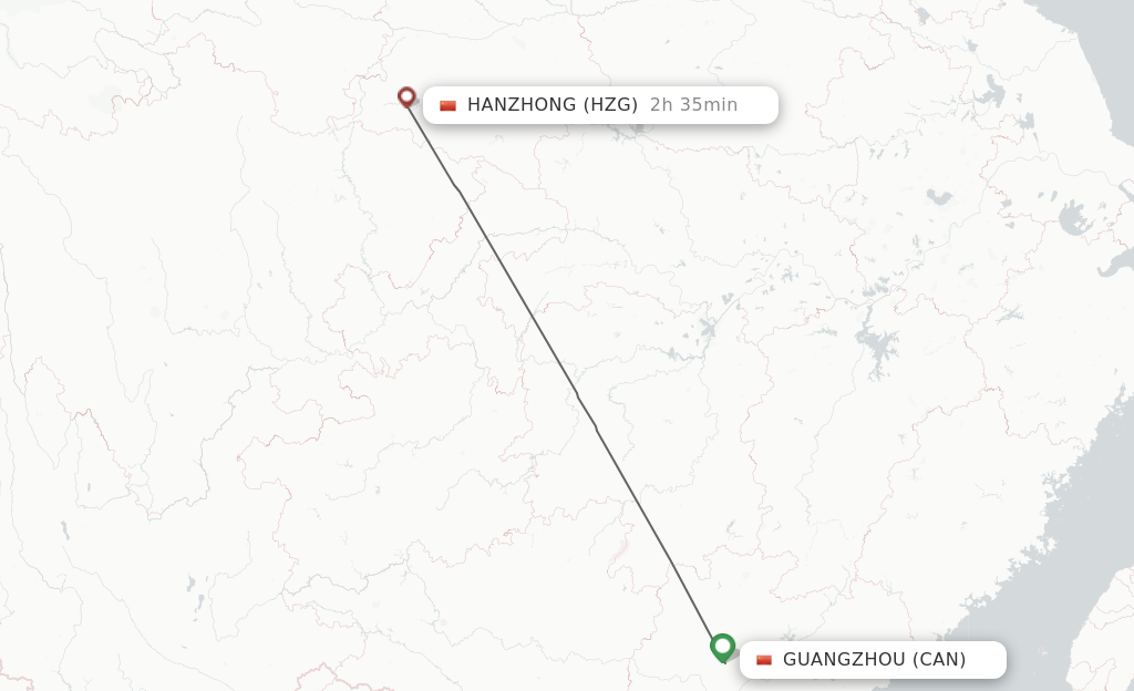 Flights from Guangzhou to Hanzhong route map