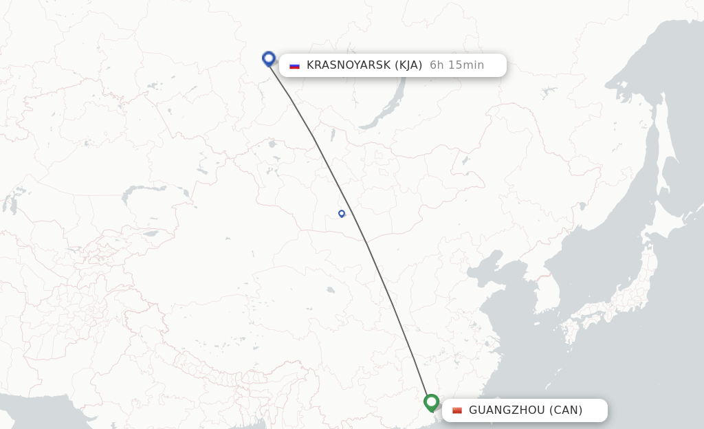 Flights from Krasnojarsk to Guangzhou route map