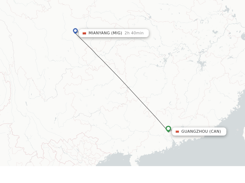 Flights from Guangzhou to Mian Yang route map