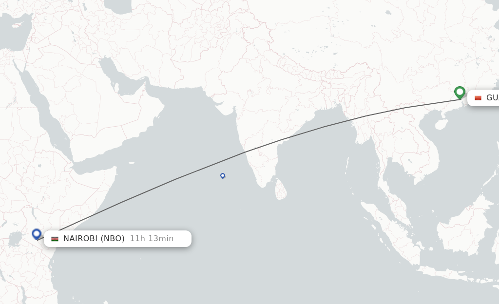 Flights from Guangzhou to Nairobi route map