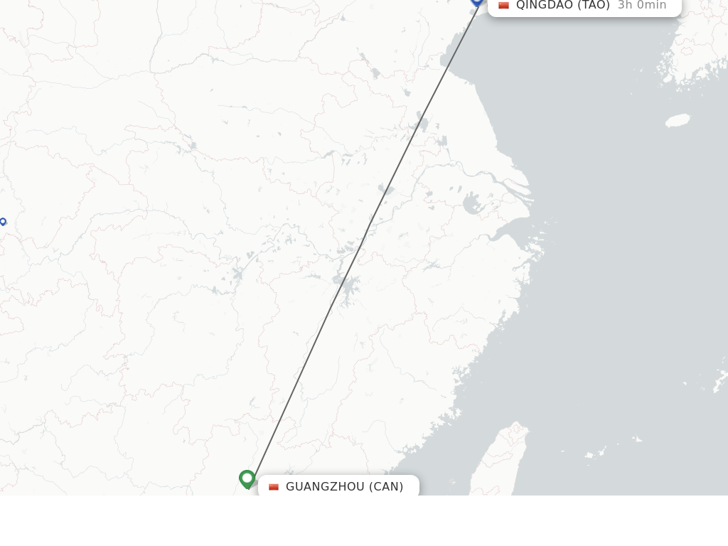 Flights from Guangzhou to Qingdao route map