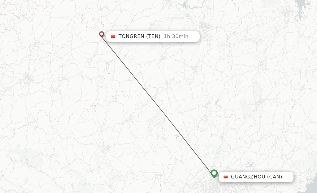 Flights from Guangzhou to Tongren route map