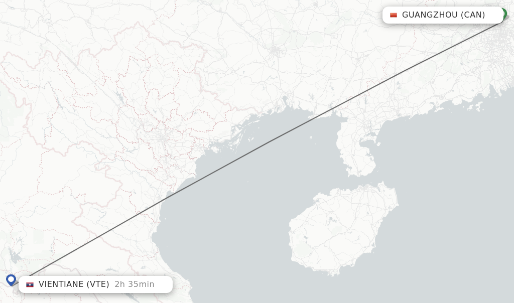 Flights from Guangzhou to Vientiane route map