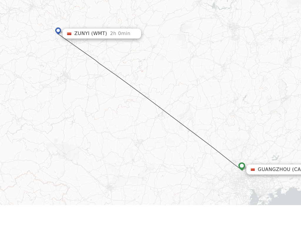 Flights from Guangzhou to Zunyi route map