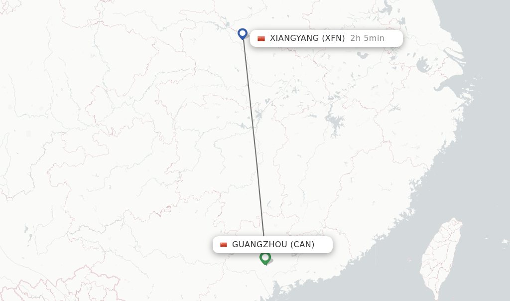 Flights from Guangzhou to Xiangyang route map