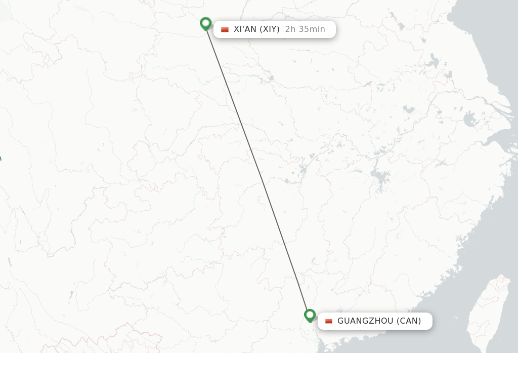 Flights from Guangzhou to Xi'an route map