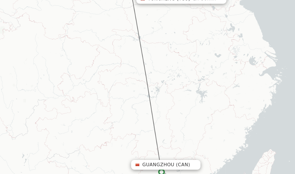 Flights from Guangzhou to Yuncheng route map