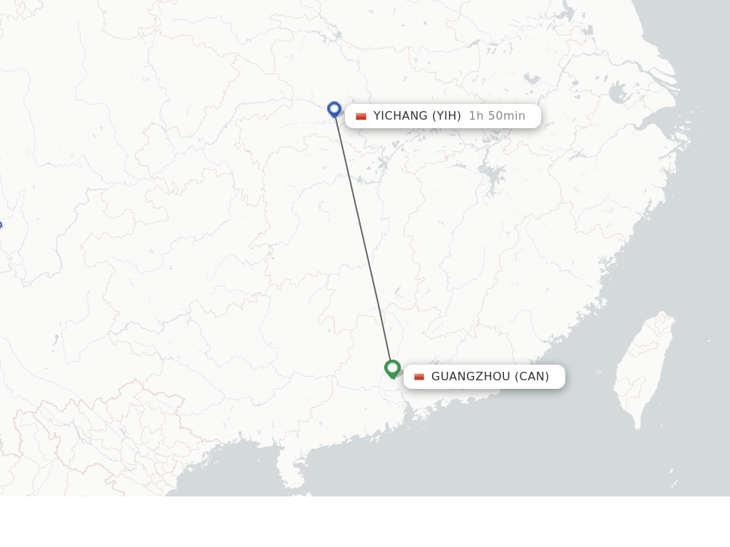 Flights from Guangzhou to Yichang route map