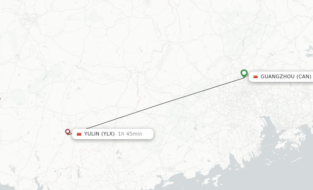 Flights from Guangzhou to Yulin route map