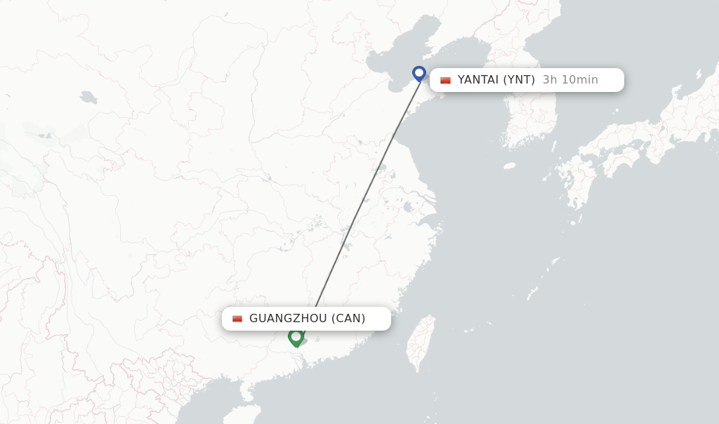 Flights from Guangzhou to Yantai route map