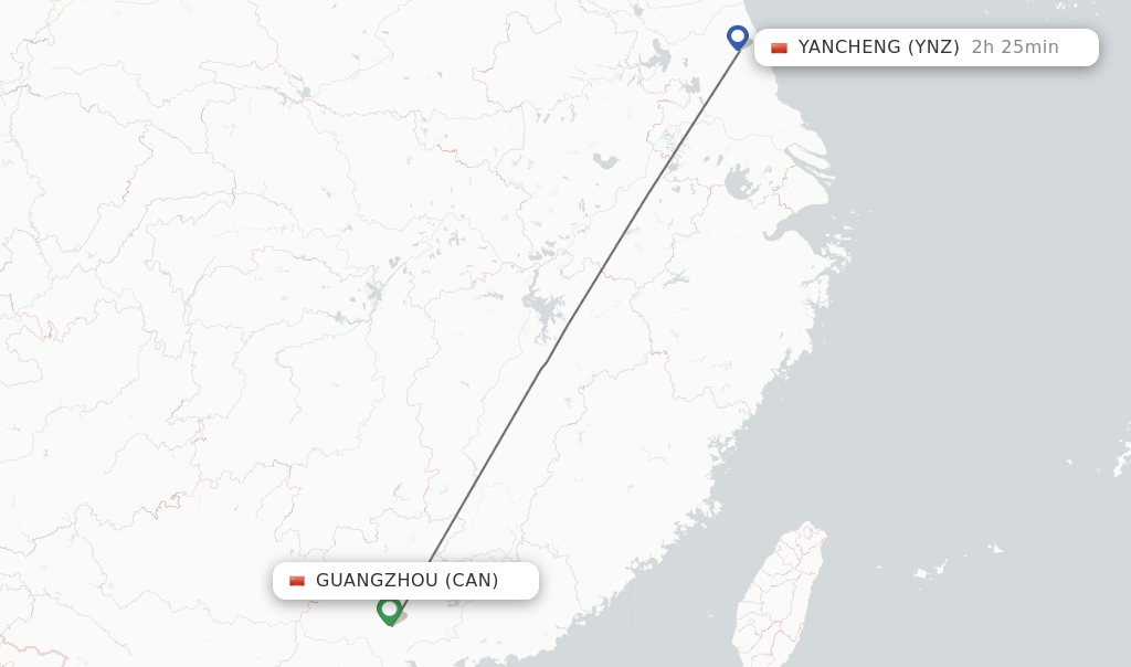 Flights from Guangzhou to Yancheng route map