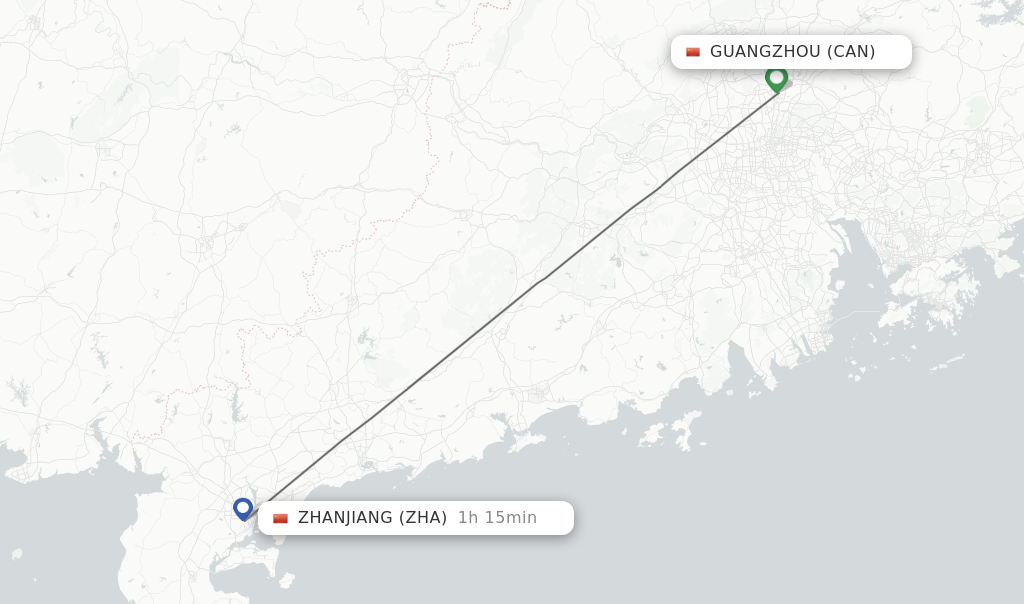 Flights from Guangzhou to Zhanjiang route map