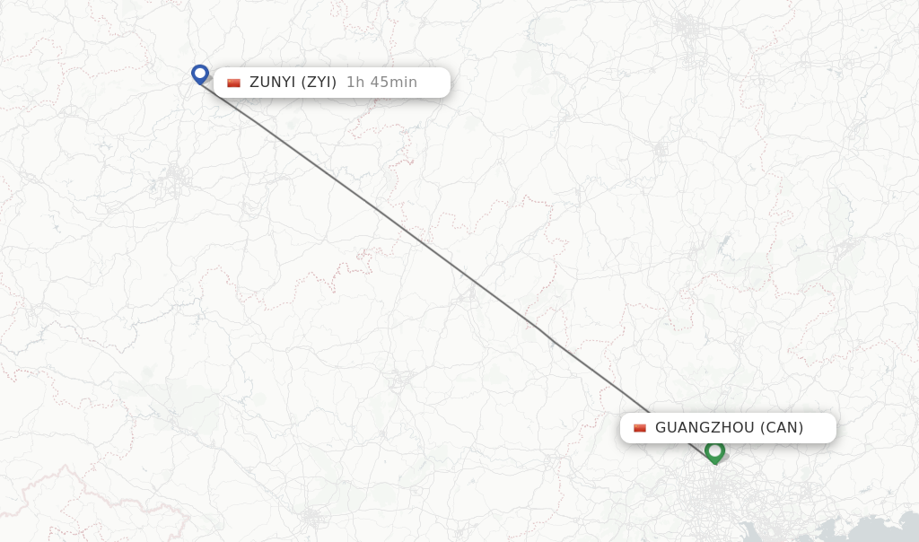 Flights from Guangzhou to Zunyi route map