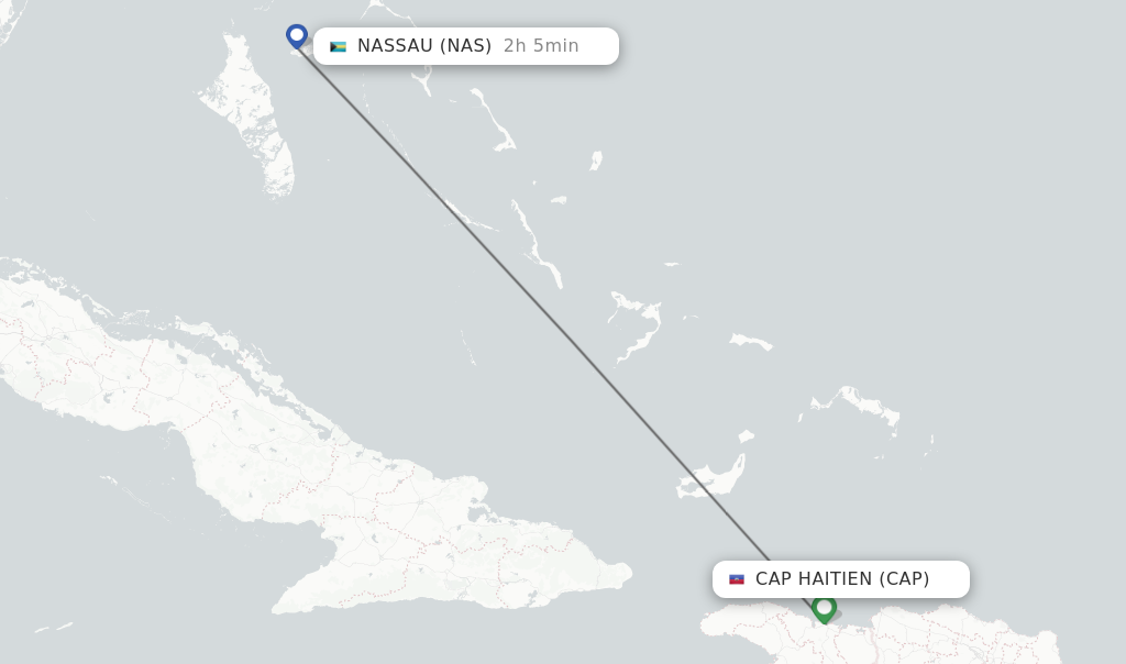 Flights from Cap Haitien to Nassau route map