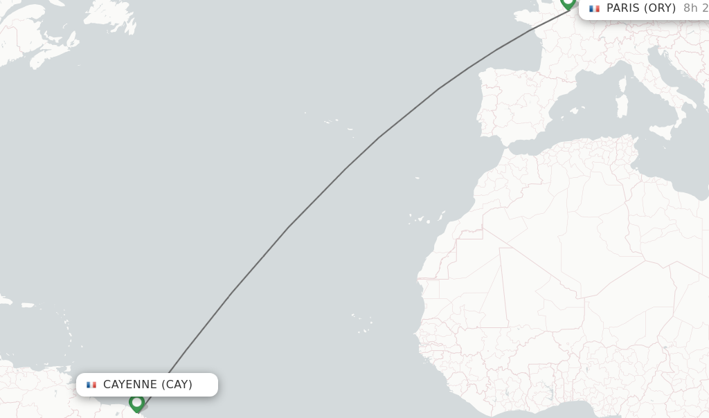 Flights from Cayenne to Paris route map