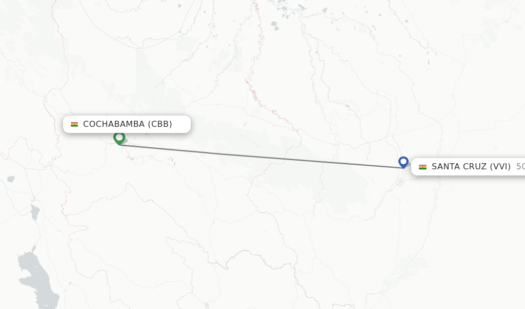 Flights from Cochabamba to Santa Cruz route map