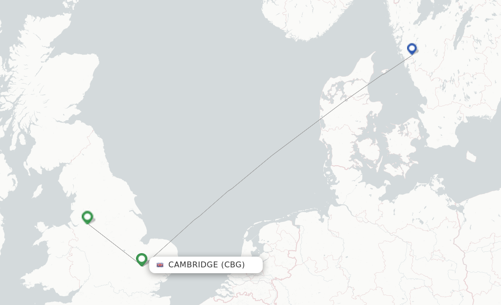Route map with flights from Cambridge with British Airways