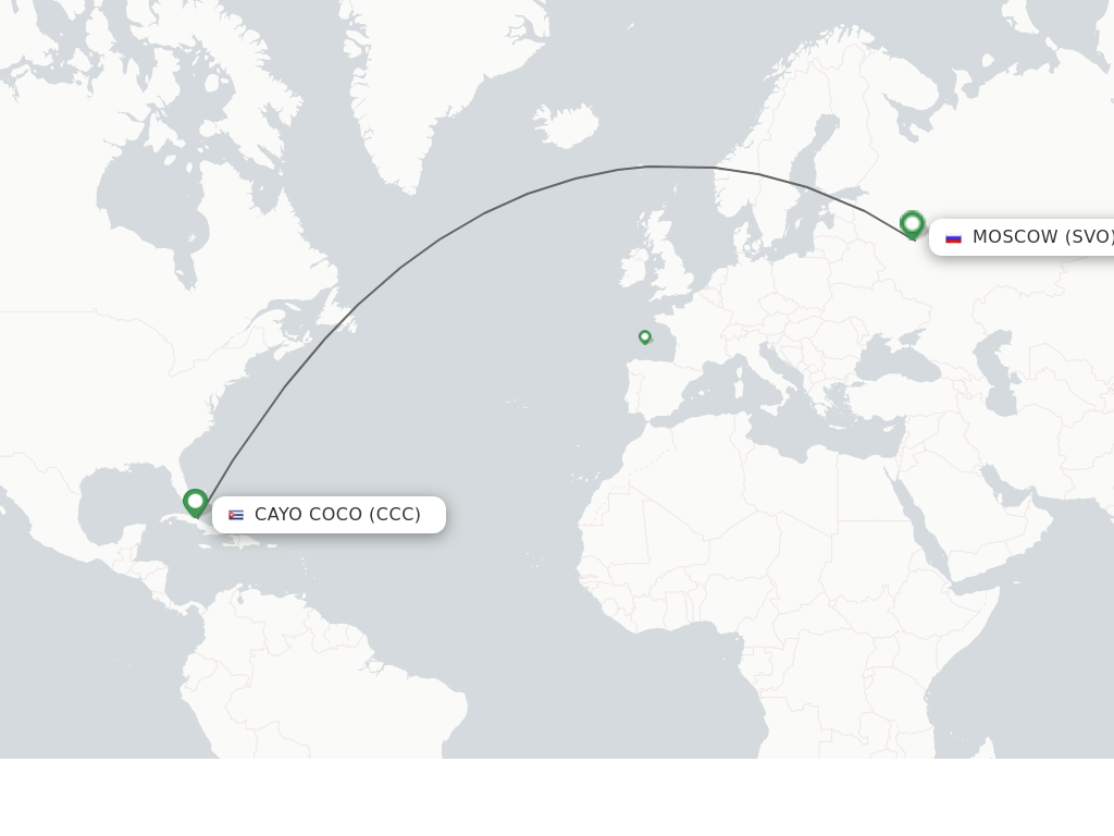 Flights from Moscow to Cayo Coco route map