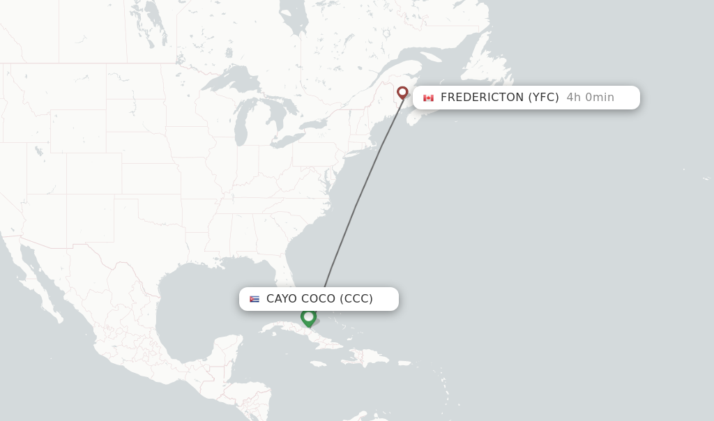 Flights from Cayo Coco to Fredericton route map