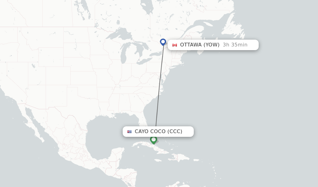 Flights from Cayo Coco to Ottawa route map