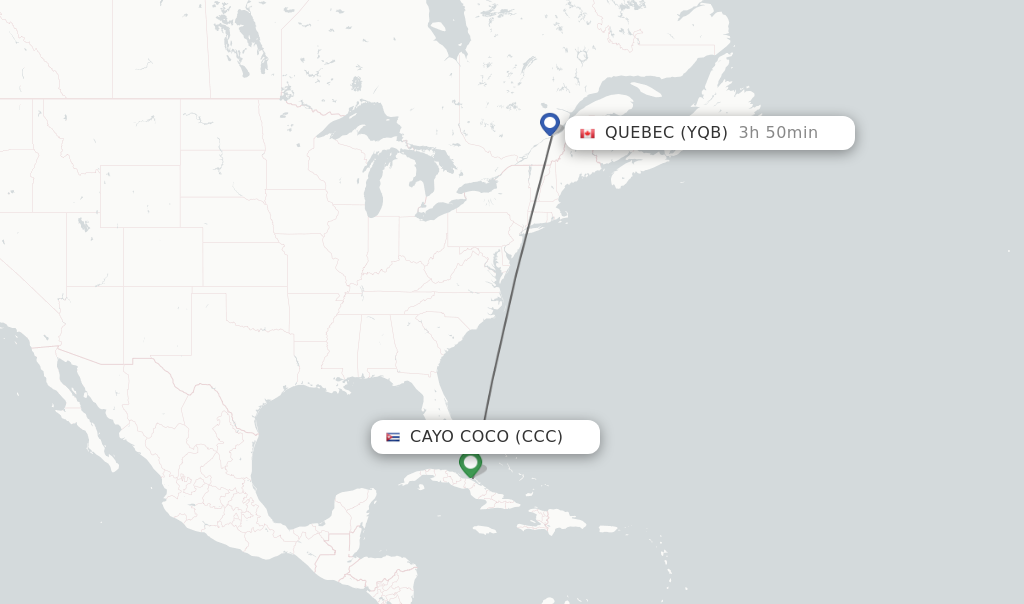 Flights from Cayo Coco to Quebec route map