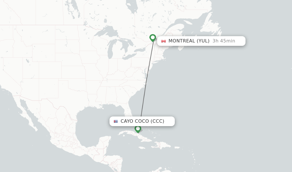 Flights from Cayo Coco to Montreal route map