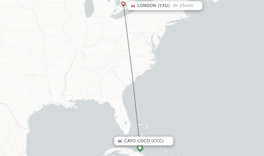 Flights from Cayo Coco to London route map