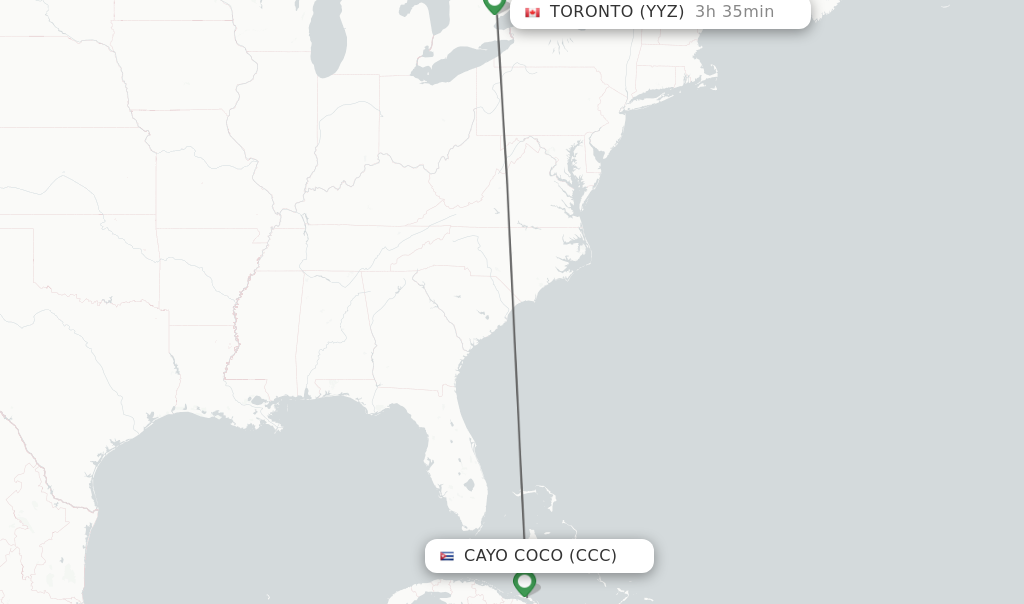 Flights from Cayo Coco to Toronto route map