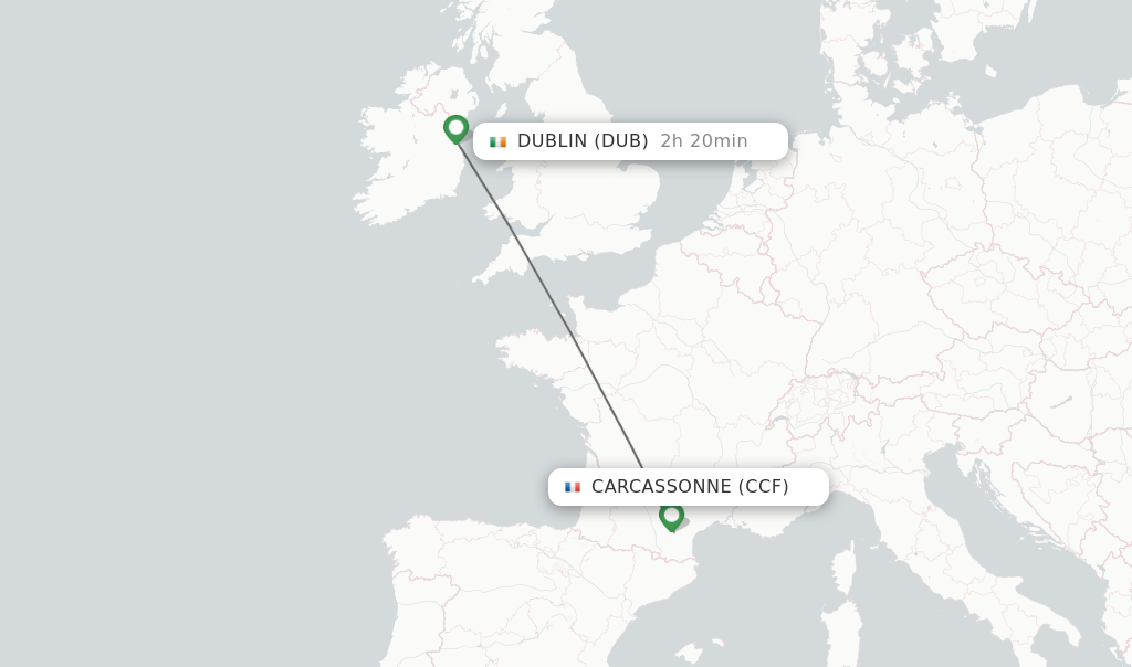 Flights from Carcassonne to Dublin route map