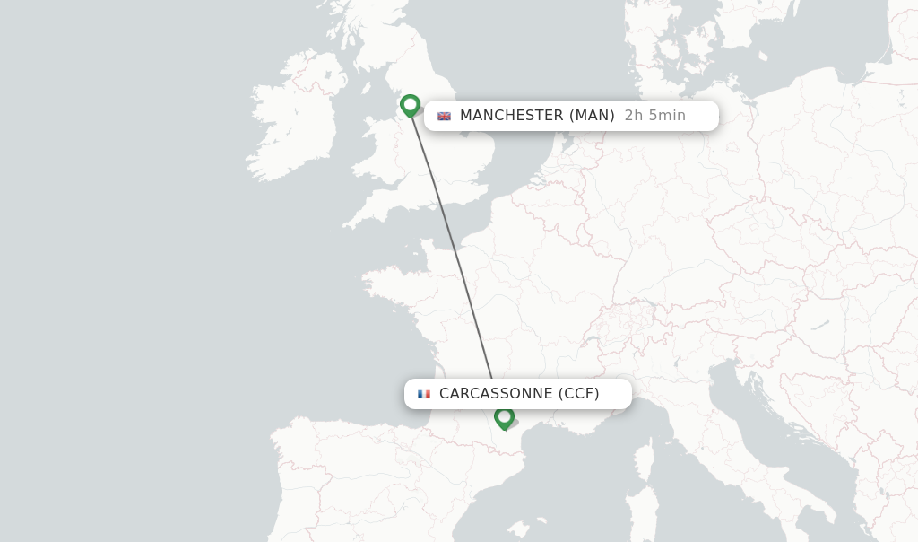 Flights from Carcassonne to Manchester route map