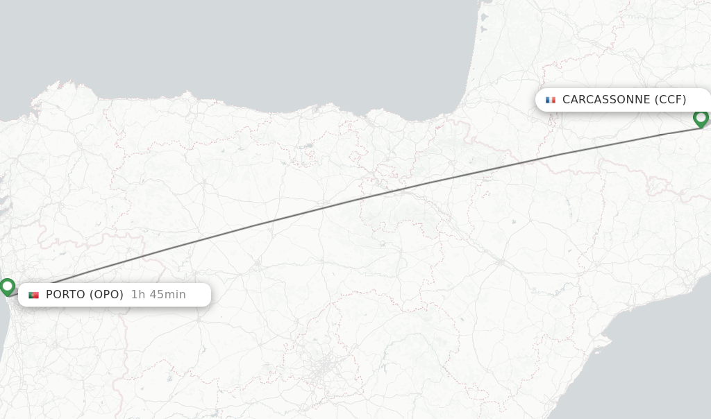 Flights from Carcassonne to Porto route map