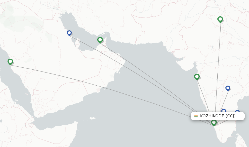 Route map with flights from Kozhikode with IndiGo
