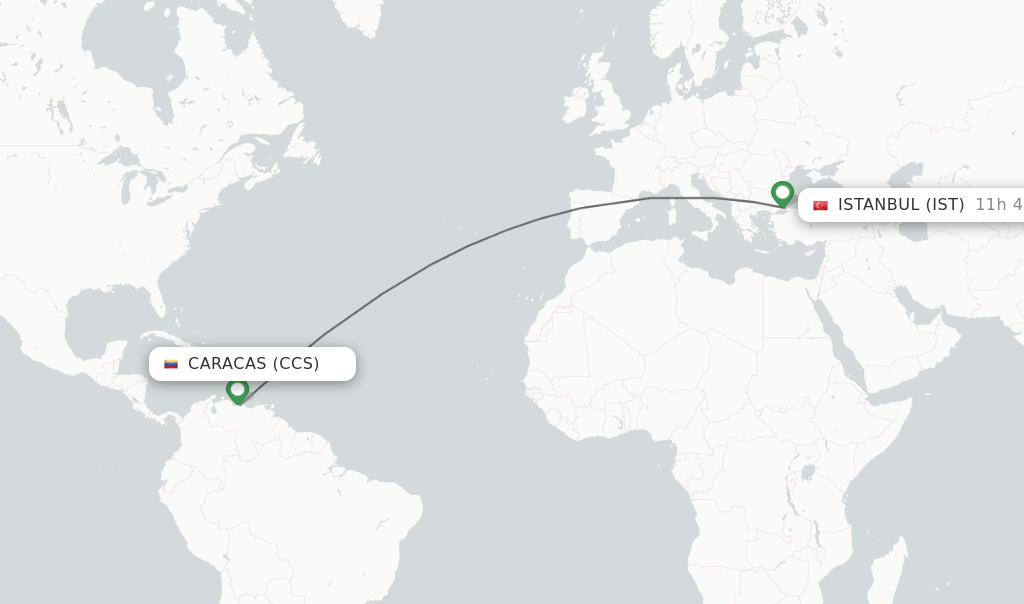 Flights from Caracas to Istanbul route map