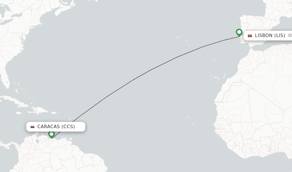 Flights from Caracas to Lisbon route map