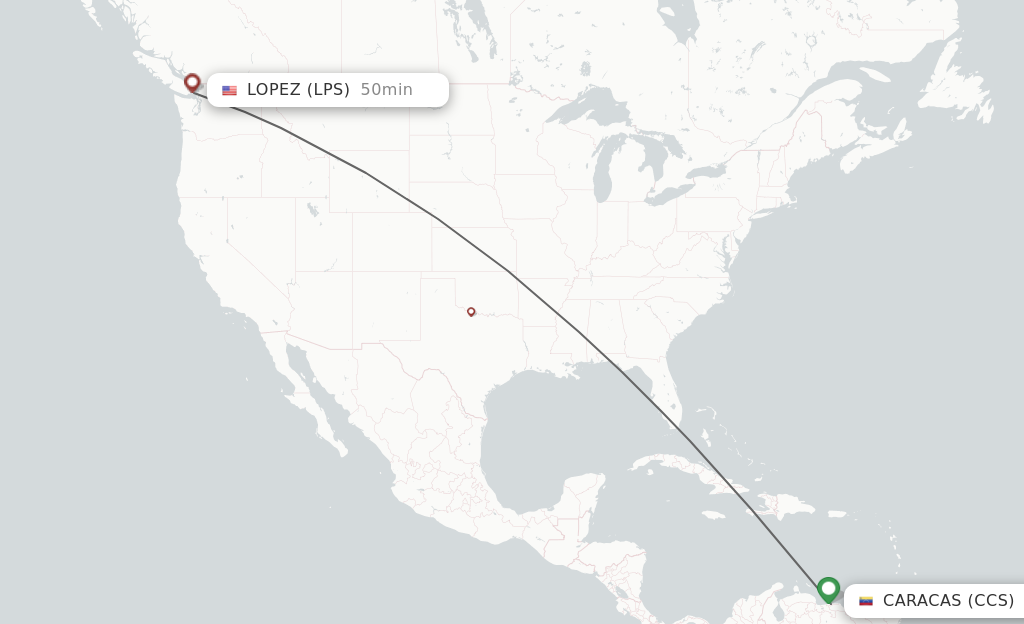 Flights from Caracas to Lopez Island route map