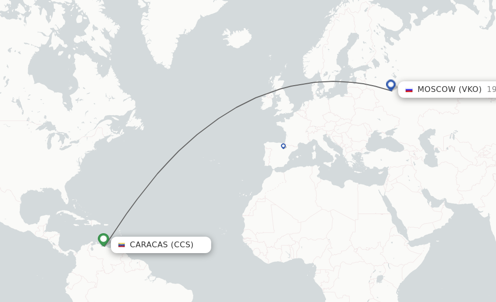 Flights from Caracas to Moscow route map