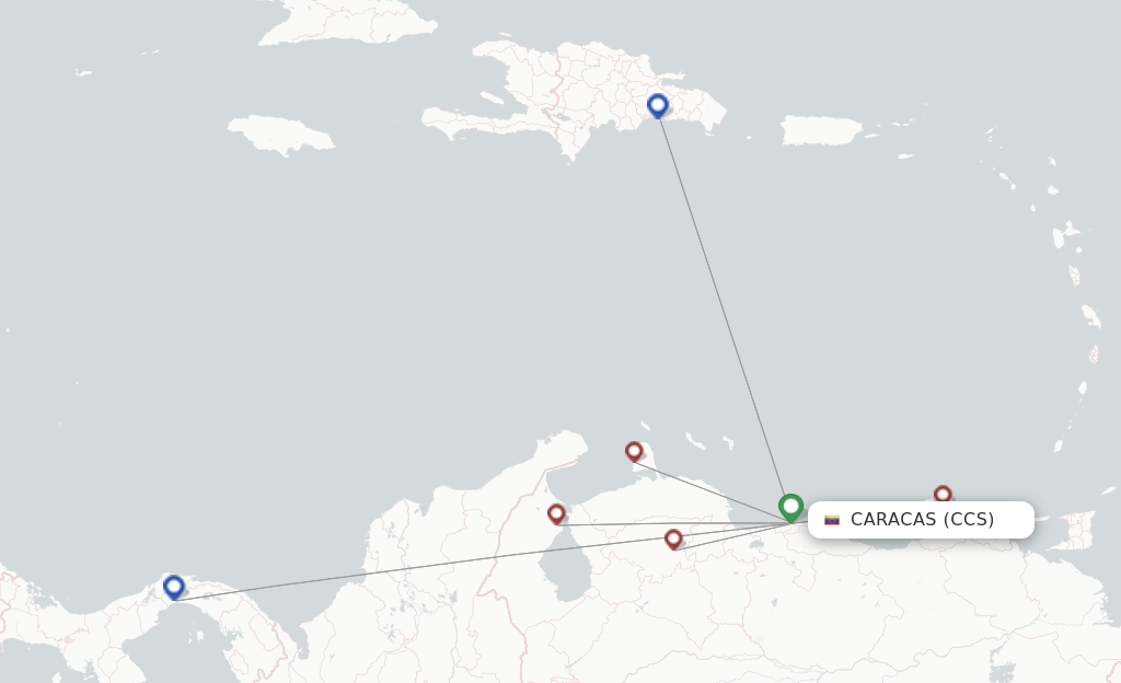 Route map with flights from Caracas with 